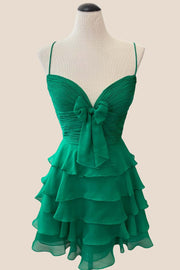 Straps Blue Ruffles Short Dress with Bow