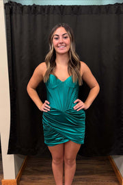 Strapless Fuchsia Ruched Short Dress with Boning