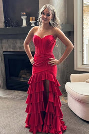 Strapless Sage Green Tiered Long Dress with Slit