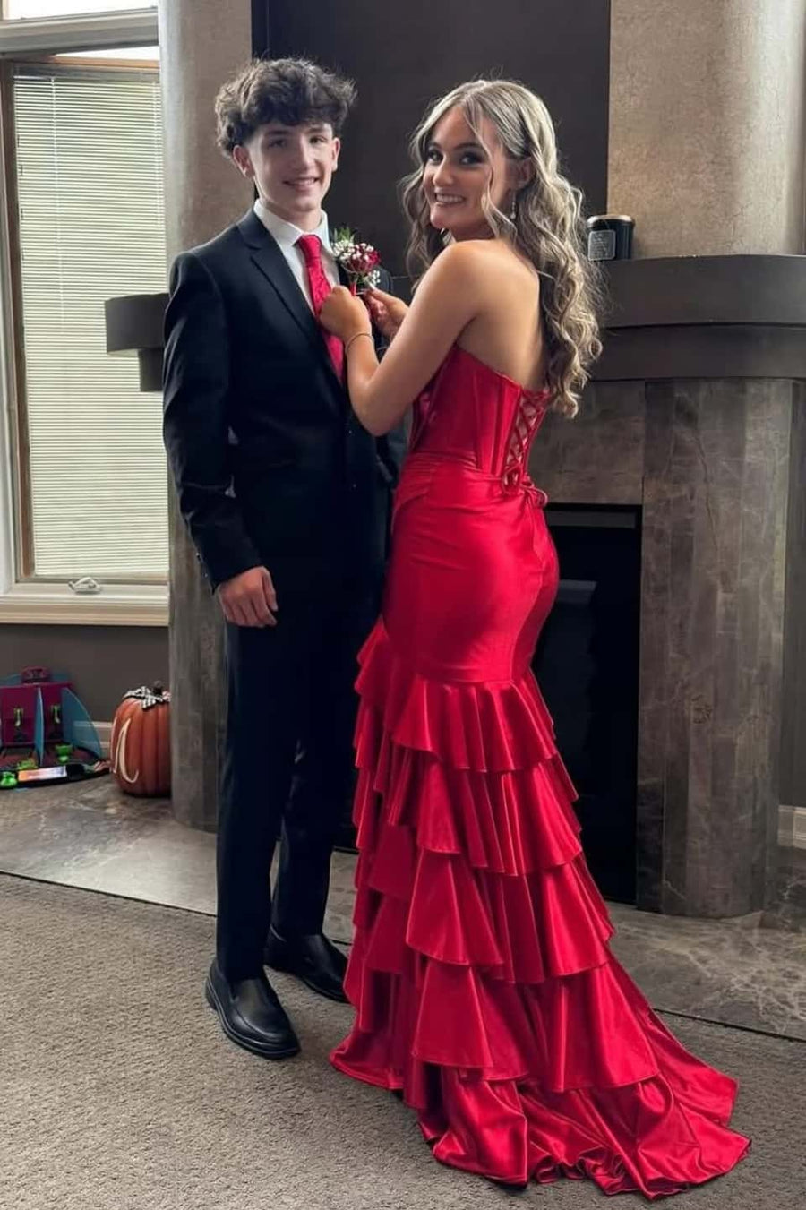 Strapless Sage Green Tiered Long Dress with Slit