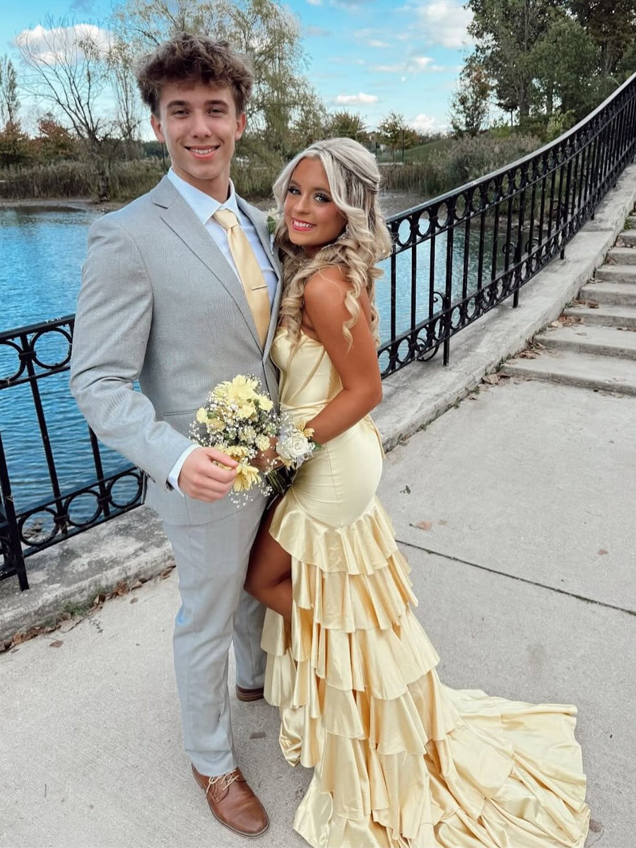 Strapless Sage Green Tiered Long Dress with Slit