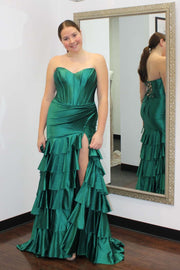 Strapless Sage Green Tiered Long Dress with Slit