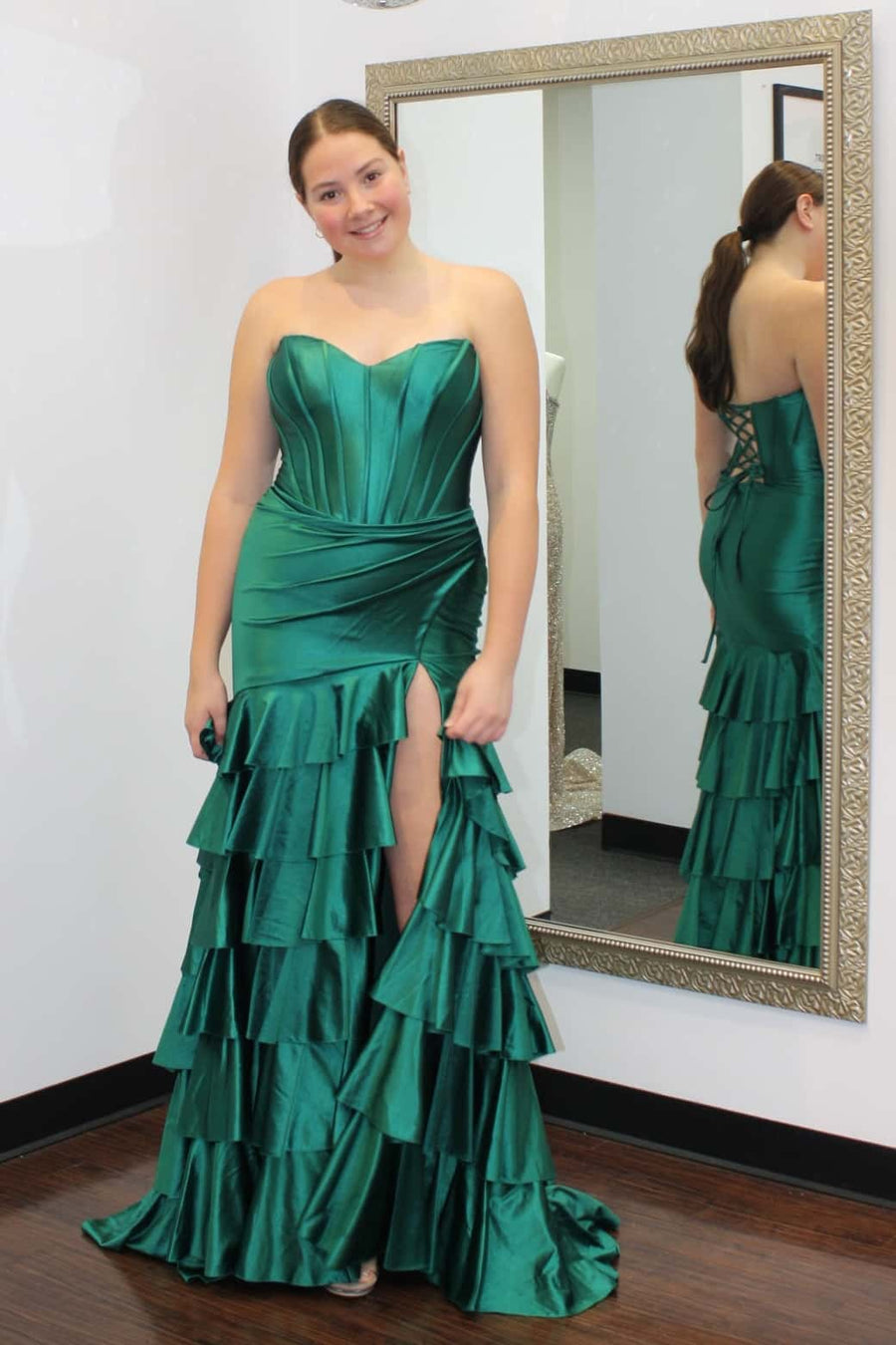 Strapless Sage Green Tiered Long Dress with Slit