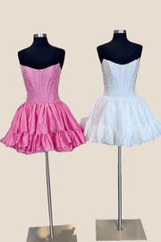 Strapless Black Ruffle Hem Short Dress with Pearls