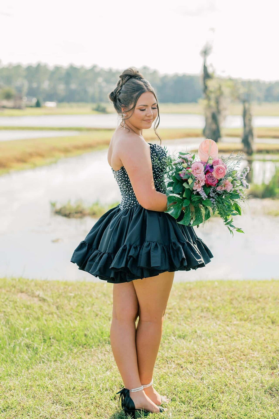 Strapless Black Ruffle Hem Short Dress with Pearls