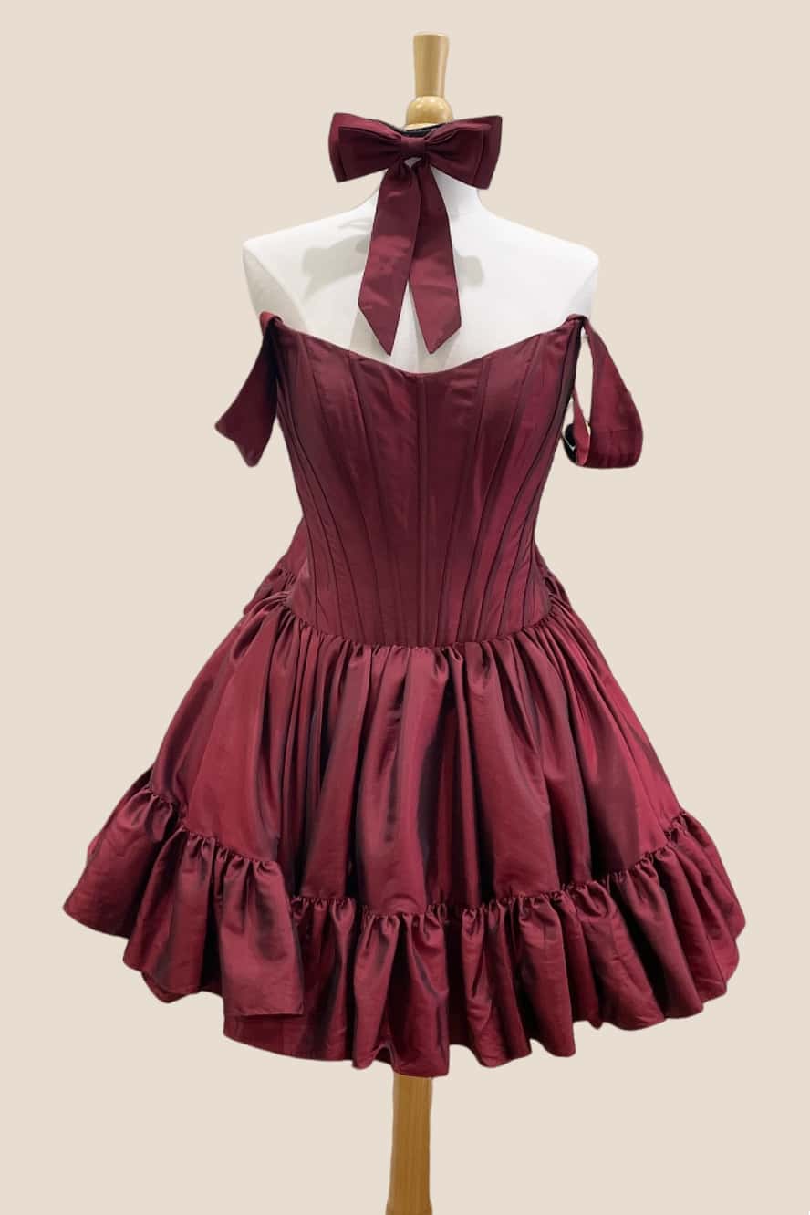 Off the Shoulder Wine Red Ruffled Short Dress
