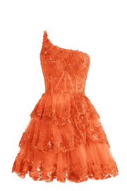 One Shoulder Orange Sequin Tiered Short Dress