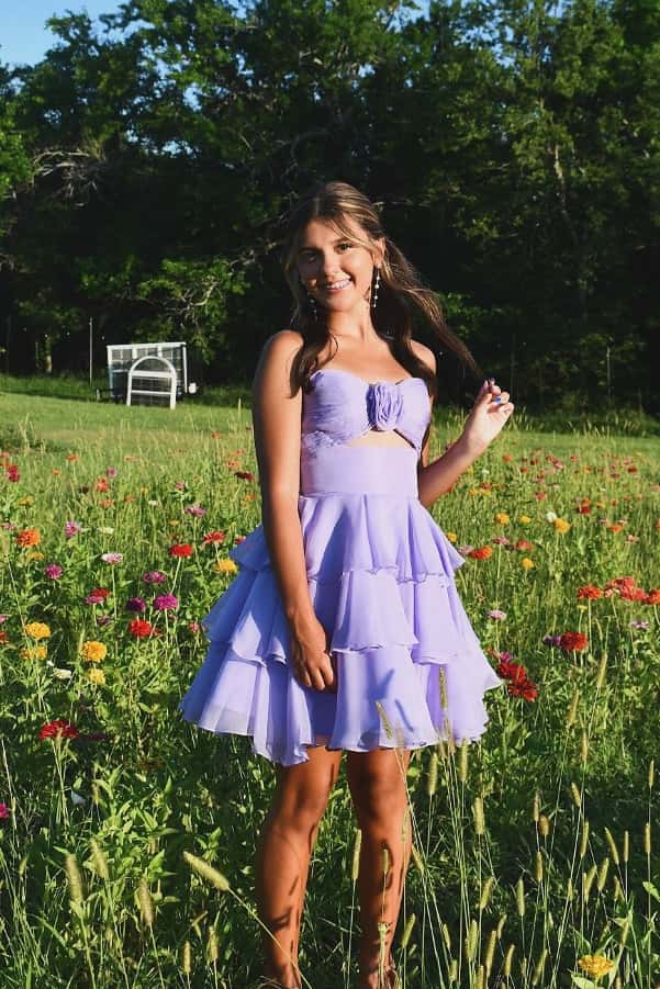 Strapless Yellow Pleated Tiered Short Dress with Rosette