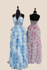 Halter Blue Floral Print Tiered Long Dress with Pearls