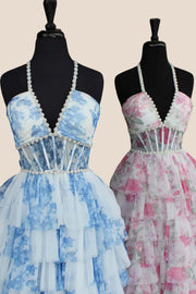 Halter Blue Floral Print Tiered Long Dress with Pearls