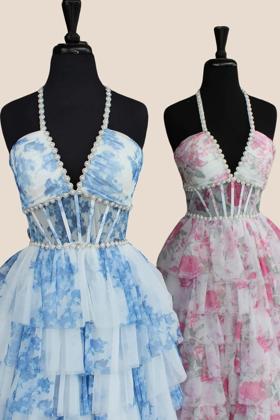 Halter Blue Floral Print Tiered Long Dress with Pearls
