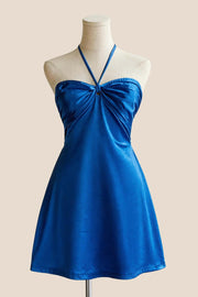 Halter Pink Back Tie A-line Short Dress