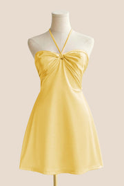 Halter Pink Back Tie A-line Short Dress