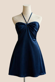 Halter Pink Back Tie A-line Short Dress