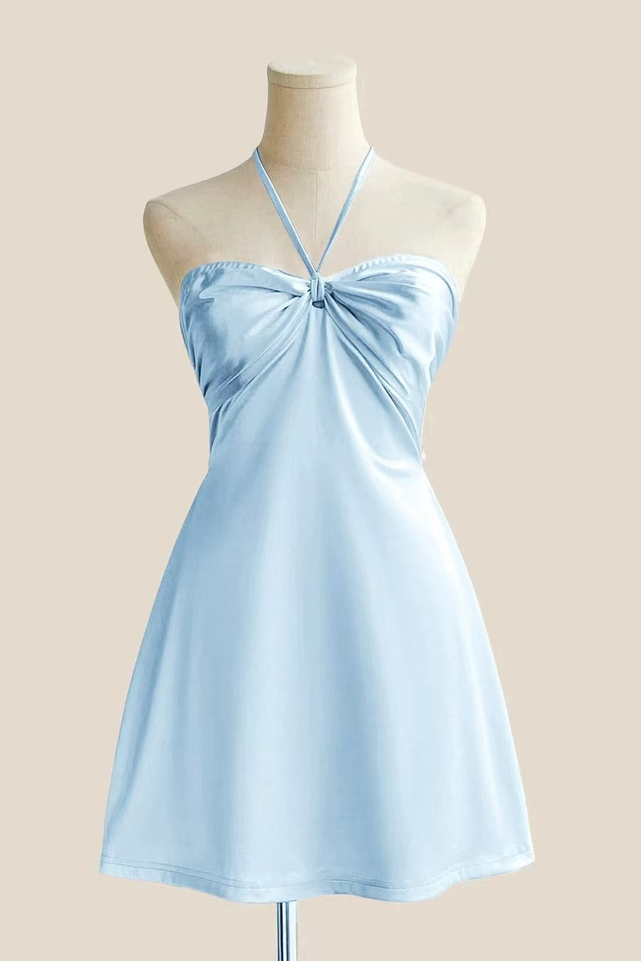 Halter Light Blue Back Tie A-line Short Dress