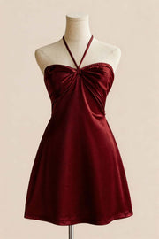 Halter Pink Back Tie A-line Short Dress