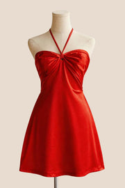 Halter Pink Back Tie A-line Short Dress