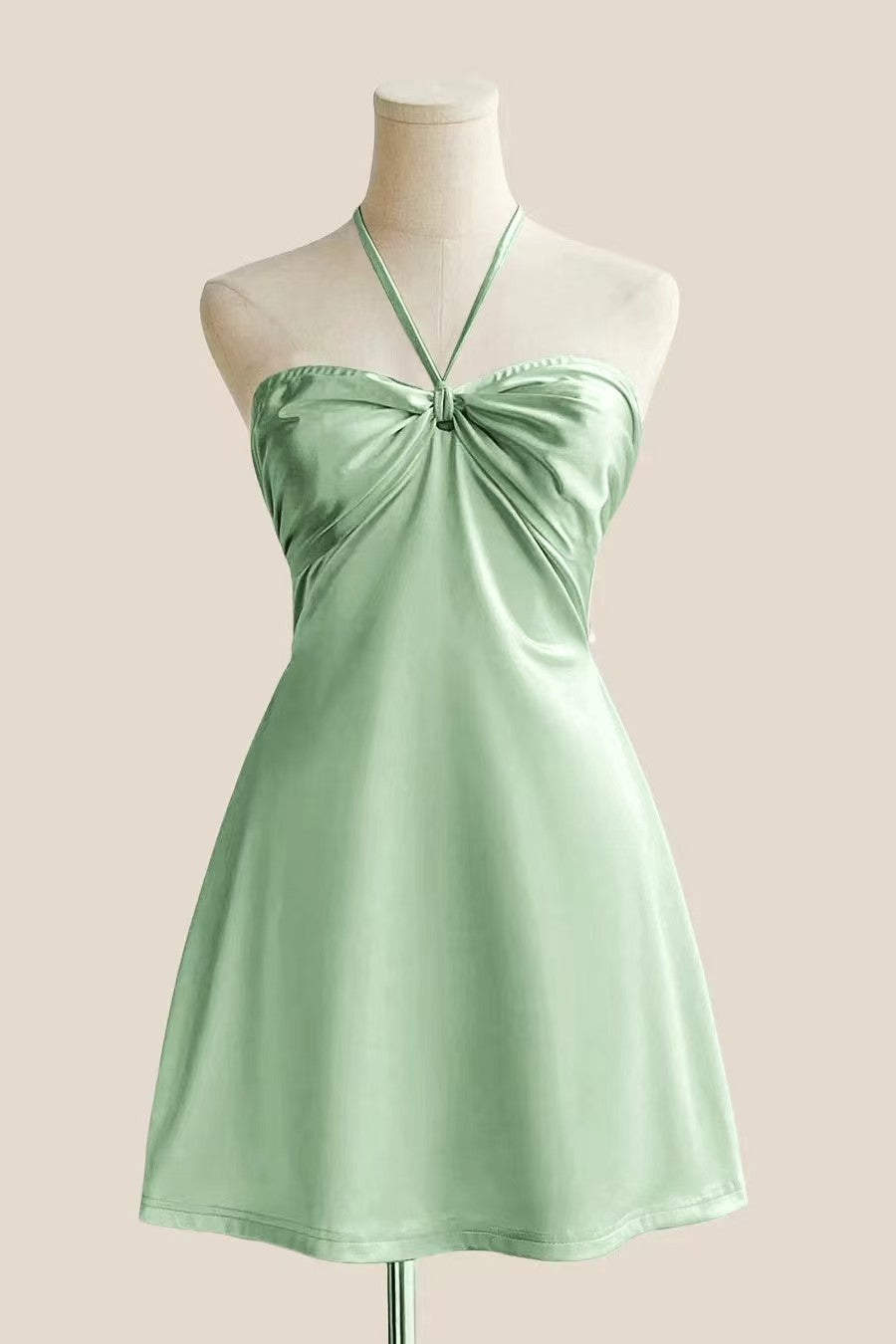 Halter Sage Green Back Tie A-line Short Dress – Ohmollydress