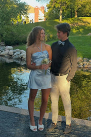 Halter Light Blue Back Tie A-line Short Dress