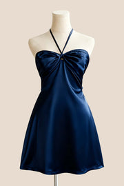 Halter Navy Blue Back Tie A-line Short Dress