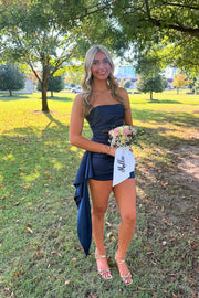 Strapless Navy Blue Ruched Short Dress