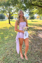 Strapless Lavender Ruched Short Dress with Train