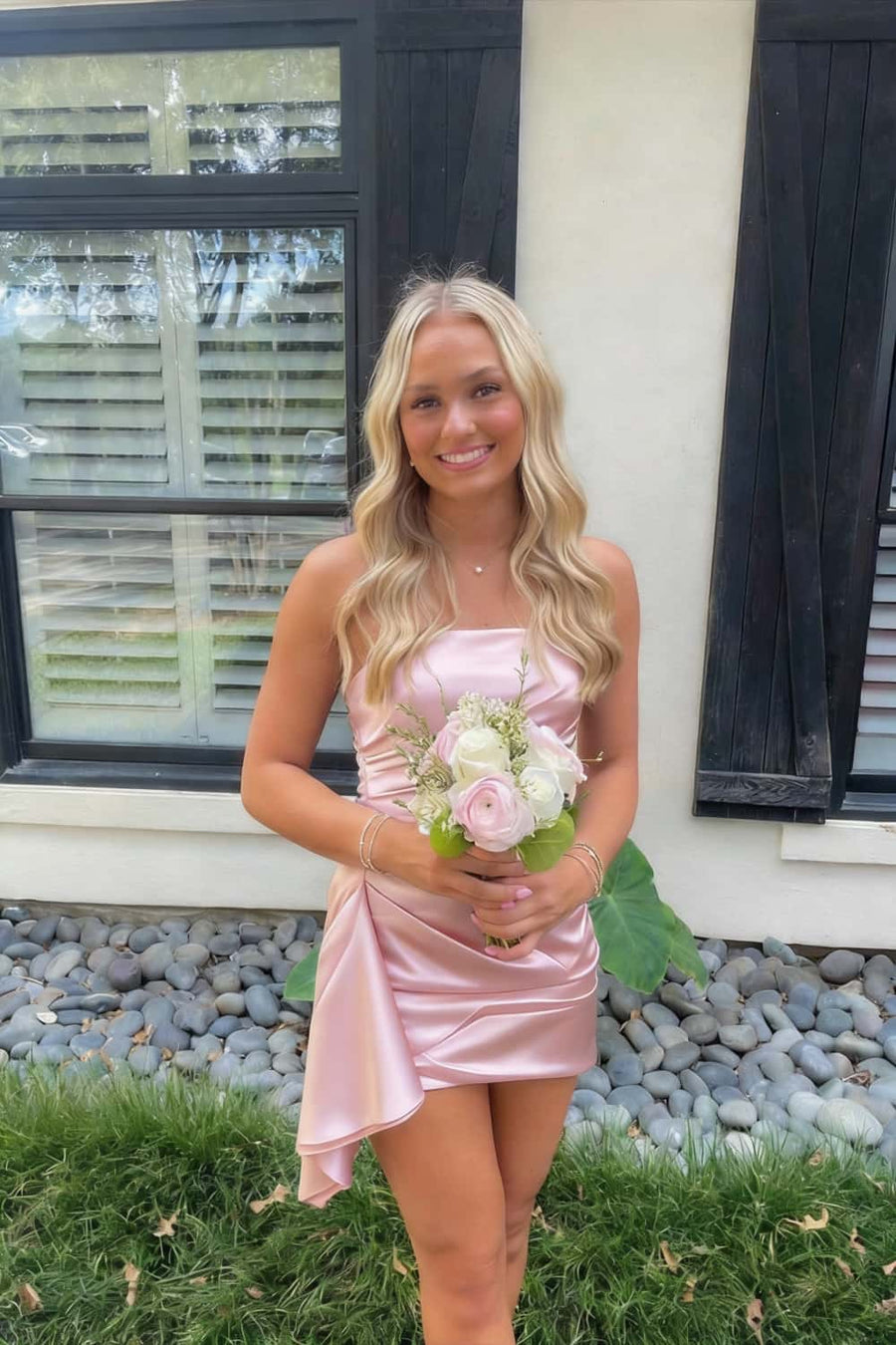 Strapless Pink Ruched Short Dress with Train