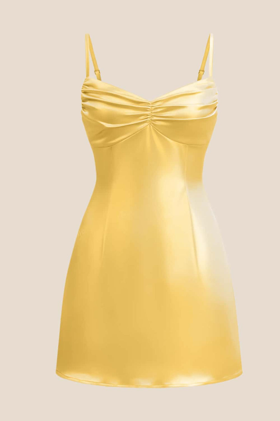 Straps Yellow Ruched Satin Short Dress