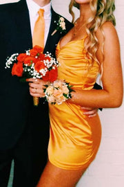 Straps Yellow Ruched Satin Short Dress