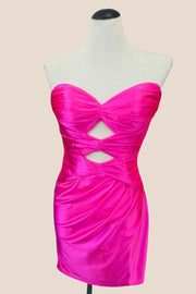 Strapless Hot Pink Pleated Short Dress with Keyhole