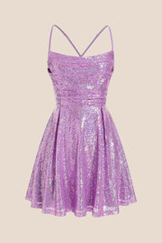 Square Neck Lilac Ruched Sequin Short Dress
