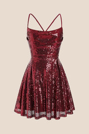Square Neck Lilac Ruched Sequin Short Dress