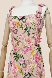 Square Neck Pink 3D Floral A-line Short Dress
