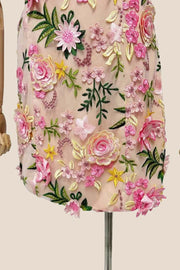 Square Neck Pink 3D Floral A-line Short Dress
