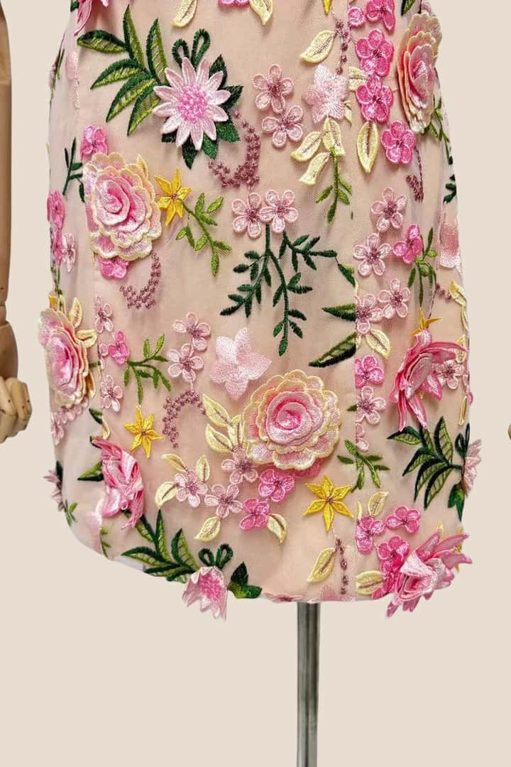 Square Neck Pink 3D Floral A-line Short Dress