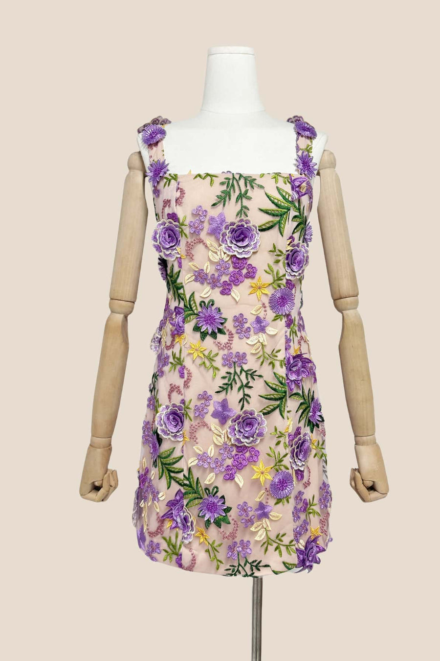 Square Neck Pink 3D Floral A-line Short Dress