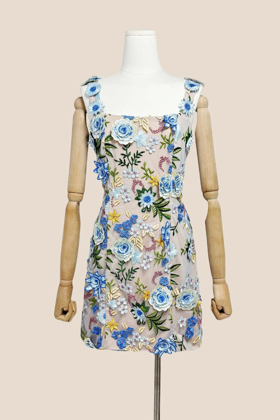 Square Neck Pink 3D Floral A-line Short Dress