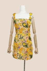 Square Neck Pink 3D Floral A-line Short Dress