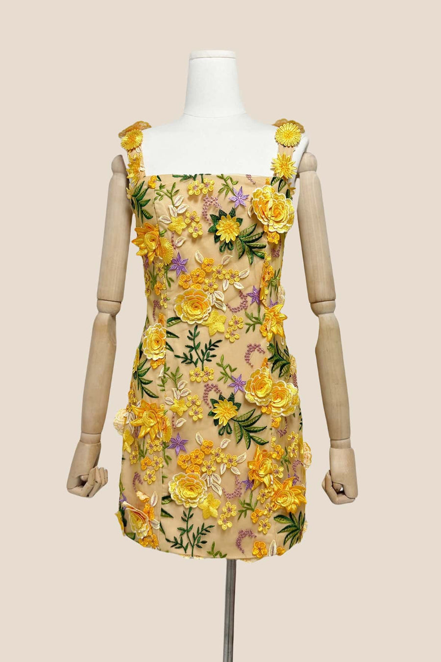 Square Neck Pink 3D Floral A-line Short Dress