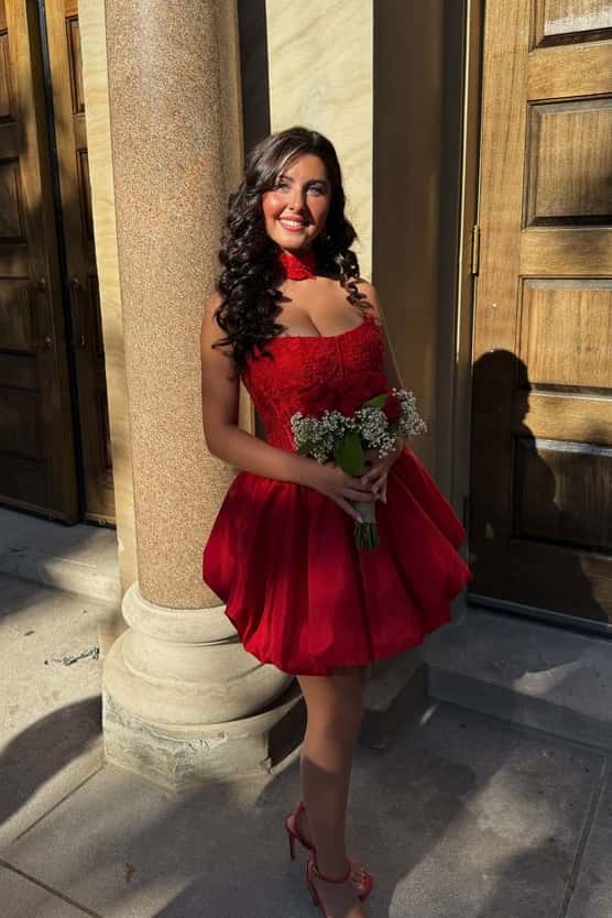 Strapless Red Appliques Bubble Homecoming Dress