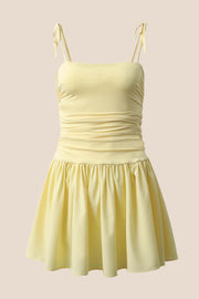 Tie Shoulder Yellow A-line Short Dress