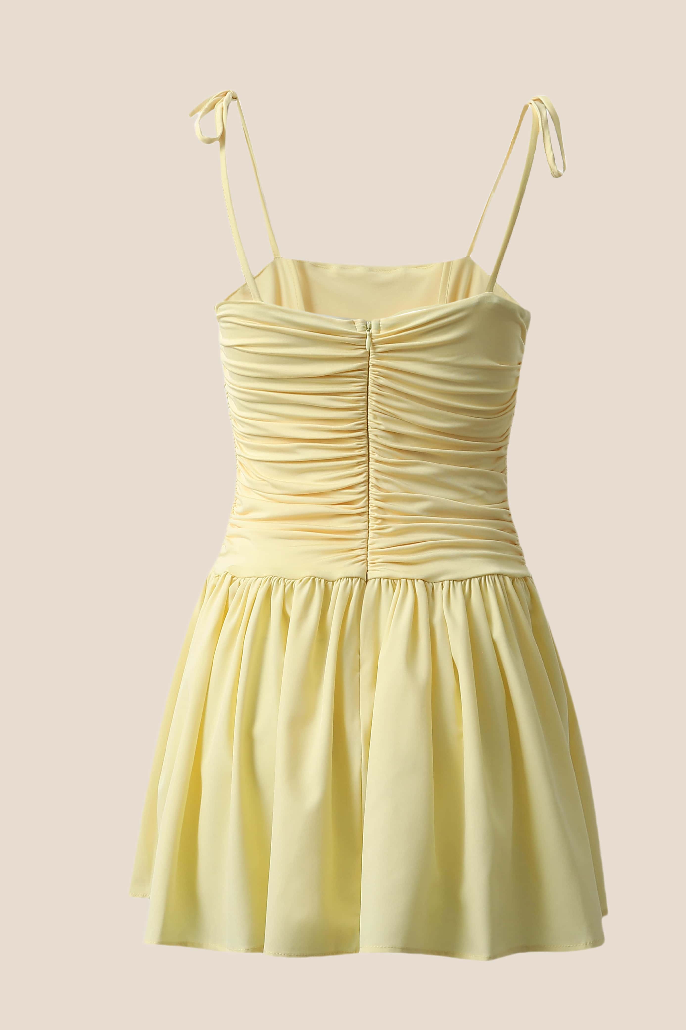 Tie Shoulder Yellow A-line Short Dress