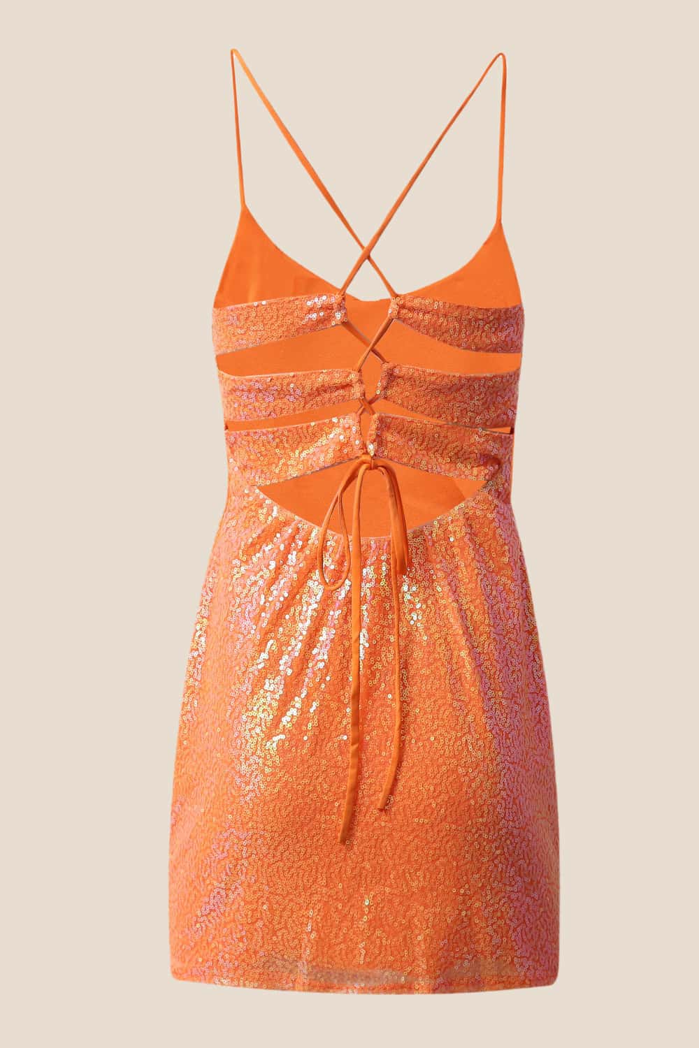 Orange Sequin Straps Tight Short Dress