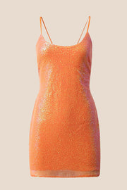 Orange Sequin Straps Tight Short Dress