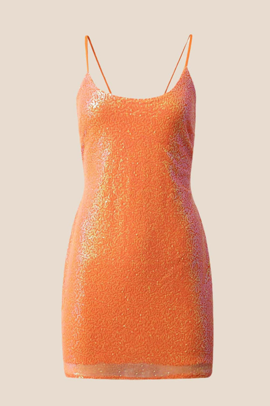 Orange Sequin Straps Tight Short Dress