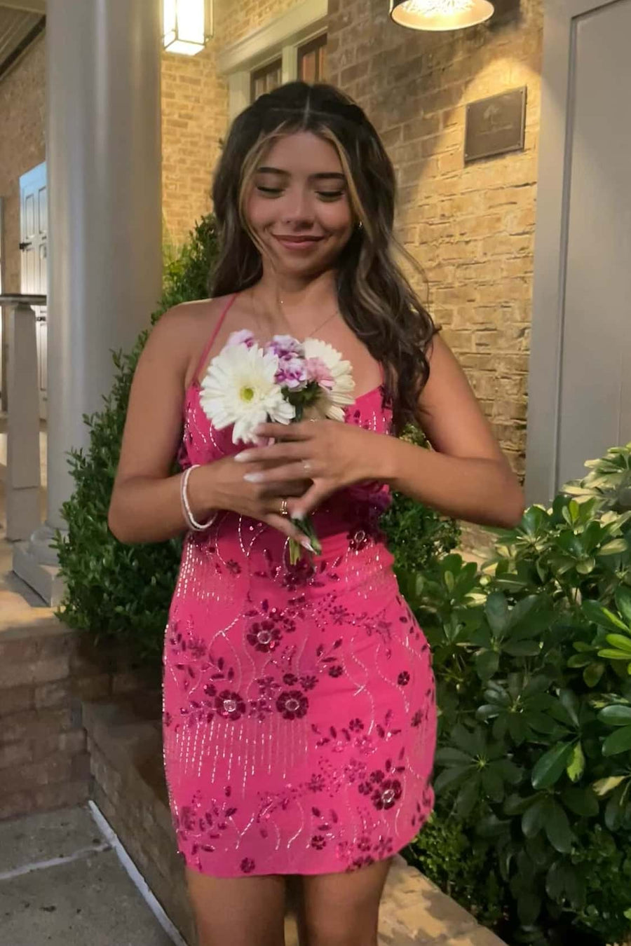 Pink Beaded Straps Fitted Mini Dress