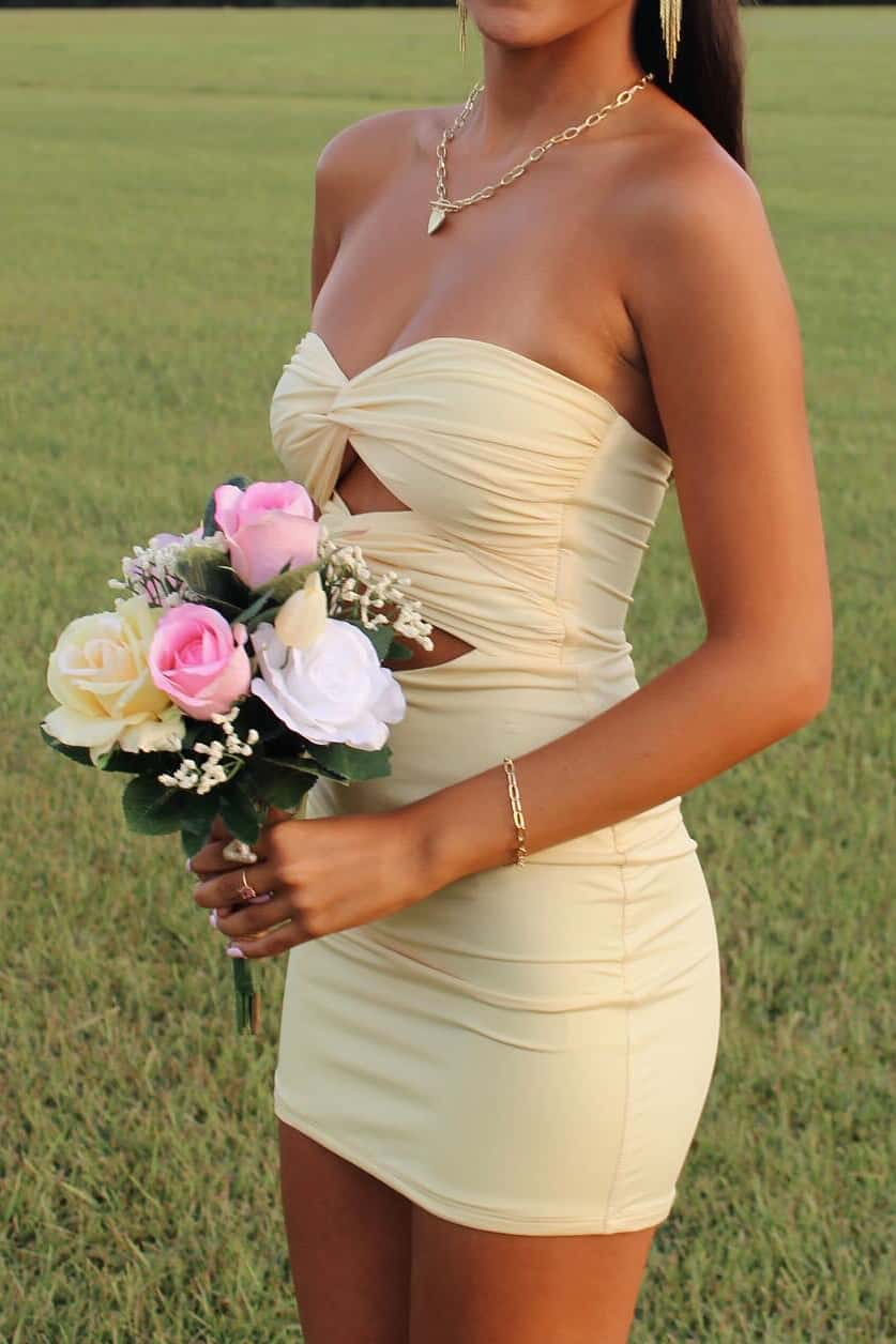 Strapless Yellow Twists Tight Mini Dress – Ohmollydress Strapless Yellow Twists Tight Mini Dress – Ohmollydress