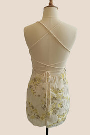 Straps Yellow Sequin Fitted Short Dress