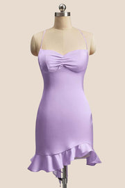 Straps Lavender Ruched Ruffle Fitted Dress