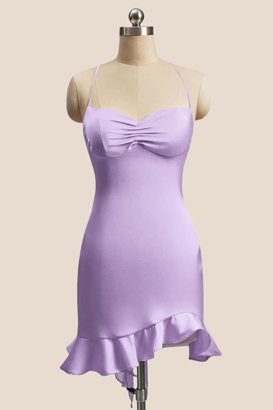 Straps Lavender Ruched Ruffle Fitted Dress